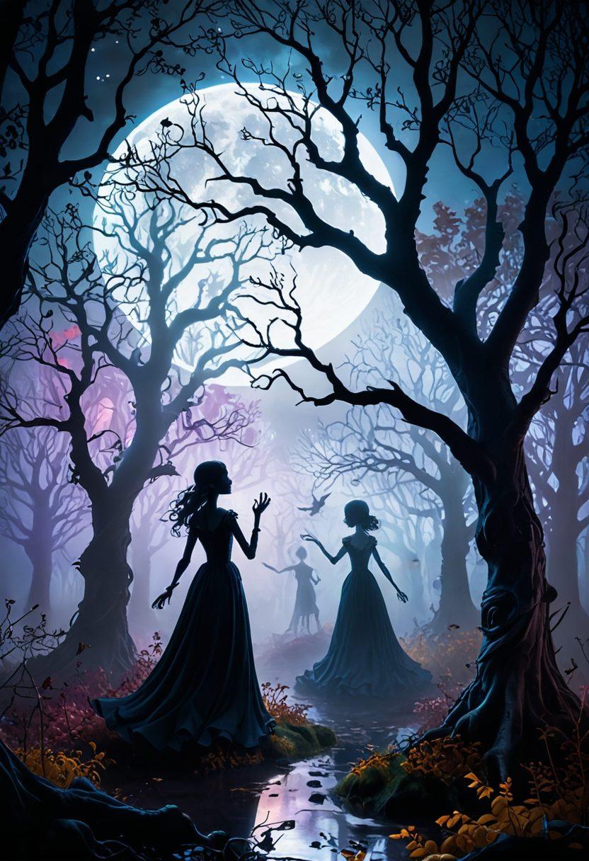 A whimsical landscape blending haunting elements like twisted trees and fog with cheerful, bright colors. Ethereal ghostly figures are playfully interacting with joyful children, while playful shadows dance under a glowing moon. The atmosphere is both spooky and inviting, creating a sense of playful curiosity. surreal art style. vibrant colors. enchanted forest setting.
