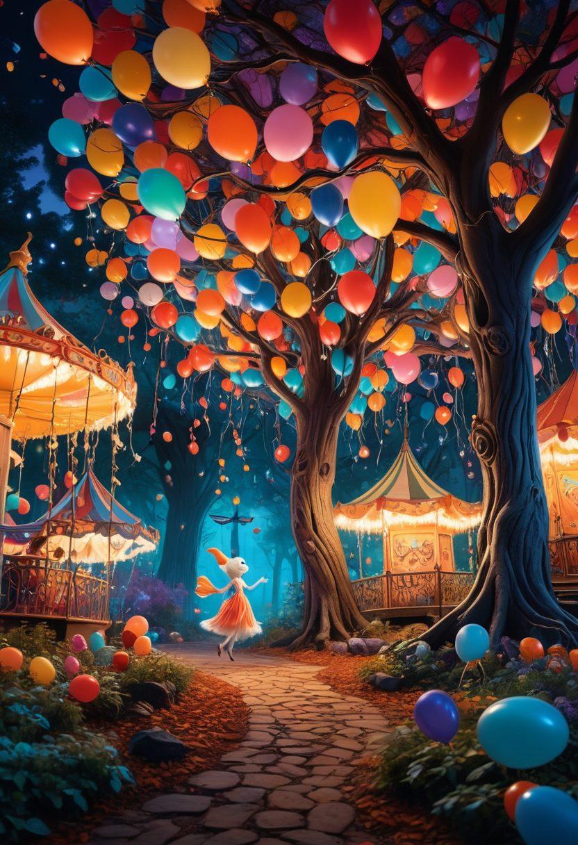 A whimsical scene blending eerie and cheerful elements: a spooky forest transforming into a vibrant carnival with smiling ghosts and colorful balloons, dark trees adorned with twinkling fairy lights, and cheerful creatures dancing in the moonlight. The contrast of shadowy corners and bright, lively colors creates a playful atmosphere that invites exploration. super-realistic. vibrant colors. cartoonish elements.
