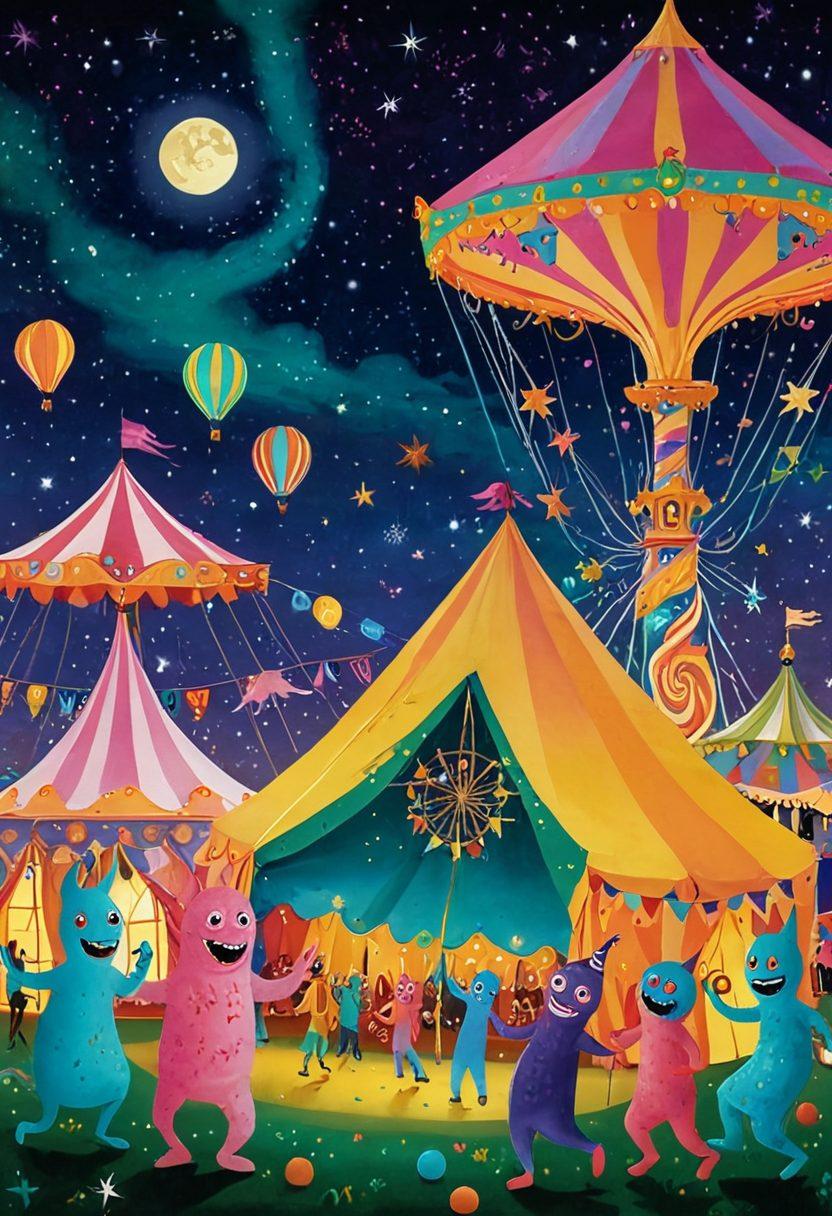 An eclectic scene featuring whimsical, offbeat characters like a jovial ghost dancing with a quirky monster under a colorful carnival tent. The background is adorned with playful, mismatched decorations that evoke a sense of joy and silliness, infused with bright hues of pink, green, and yellow. An enchanting, starry night sky sets the mood above this lively festivity. surrealistic. vibrant colors. whimsical art.